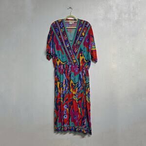 Together! Abstract Print Midi Dress 90s Vintage Boho Colorful Rayon Plus Sz 20W